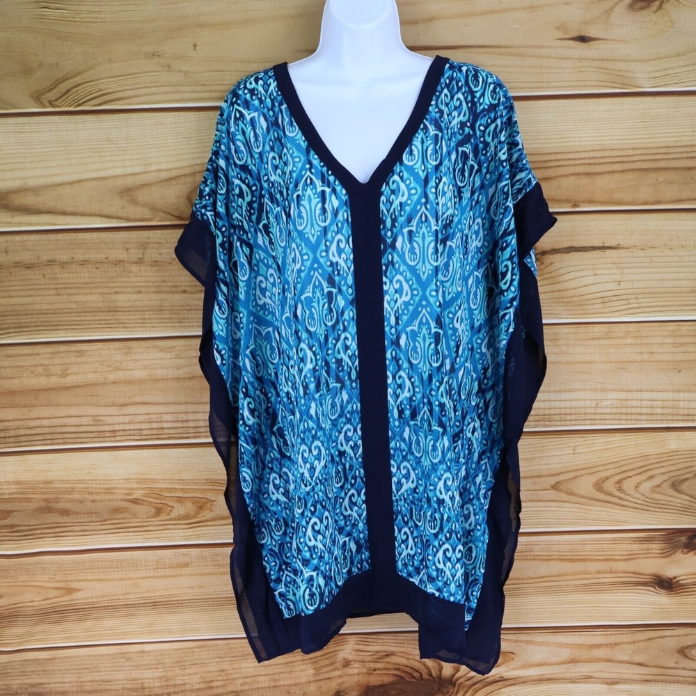 Merona Tunic Top Womens M Blue Black Geometric Lightweight V-Neck Short Sleeves